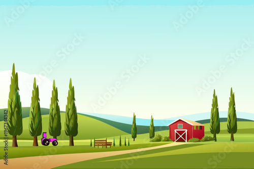 A peaceful countryside scene with a red barn trees and a tractor