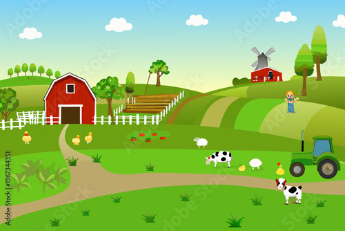 A colorful cartoon farm scene with buildings animals and green fields