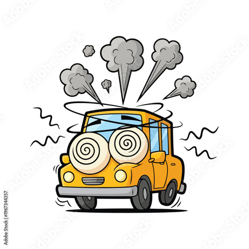 Cartoon yellow car character with dizzy eyes and smoke isolated on white background