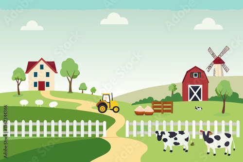 A colorful farm scene with buildings animals and a winding path
