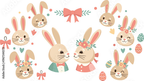 Cute Easter bunny faces collection with eggs flowers and bows spring holiday cartoon vector illustration set