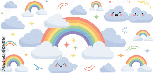 Cute rainbow and clouds cartoon collection colorful sky weather elements kawaii nursery vector illustration set
