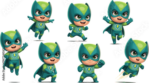 Cute, green, superhero, kid, character, mascot, set, cartoon playful, poses, isolated, white, background, animation, design, game, avatar, childlike, hero, costume, adorable, collection
