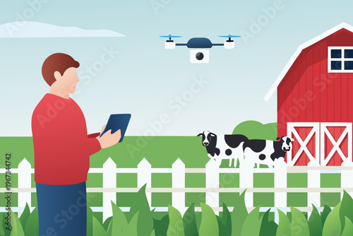 A farmer using a tablet while a drone surveys the agricultural landscape