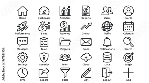 Modern Dashboard Business UI Icons, Analytics, User, and Report Management on Isolated White Background.