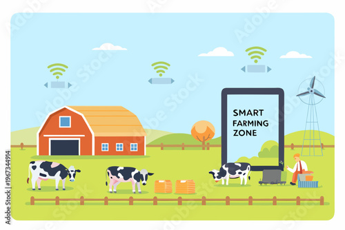A smart farming scene with a barn cows and drones in a field