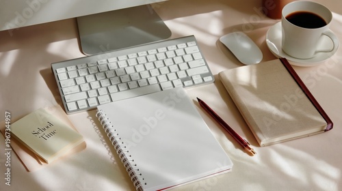 Workspace Setup With a Computer, Notebooks, and Coffee During the Afternoon