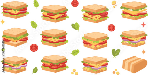 Delicious sandwich collection with cheese tomato lettuce layers tasty lunch food cartoon vector illustration set
