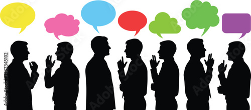 Silhouettes of diverse business professionals engaged in active communication with colorful speech bubbles representing different ideas, brainstorming, and global teamwork concepts