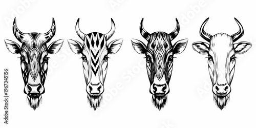 Four stylized antelope heads arranged in a symmetrical black and white composition