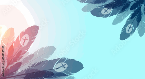 Feathers with cross symbols in a gradient of warm and cool colors, representing faith and spirituality.