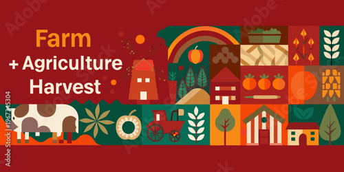 Colorful illustration depicting a farm agriculture and a bountiful harvest