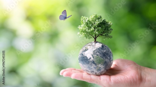 Holding a Globe With a Tree and a Butterfly on a Hand in a Bright Green Backg...
