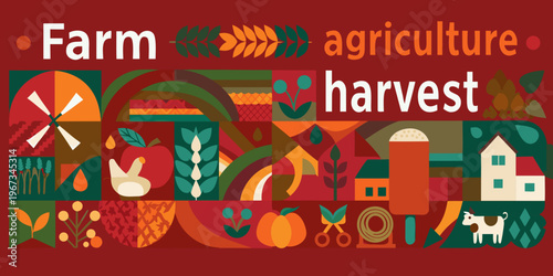 A colorful geometric illustration depicting a farm and harvest scene