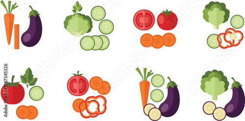 Fresh sliced vegetables collection tomato cucumber carrot eggplant pepper broccoli healthy food ingredients vector illustration set