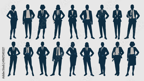 Business people , silhouettes, group of standing business men and businesswomen	
