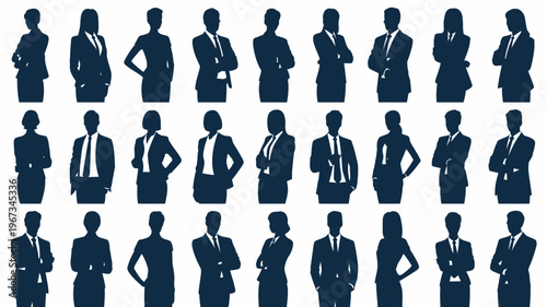 Business people , silhouettes, group of standing business men and businesswomen	
