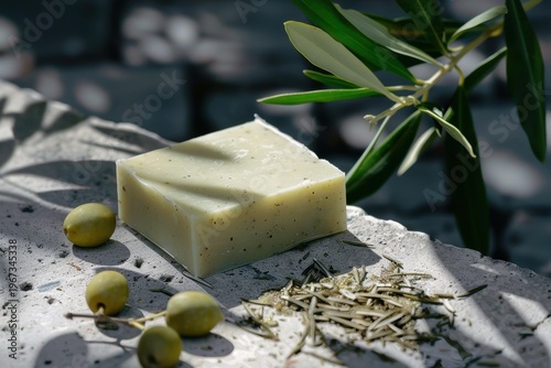Olive soap made from olives, with an olive branch nearby; the use of olive oil in skincare  