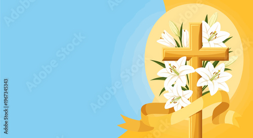 Golden cross adorned with white lilies and a golden ribbon against a split blue and yellow background, symbolizing Easter.