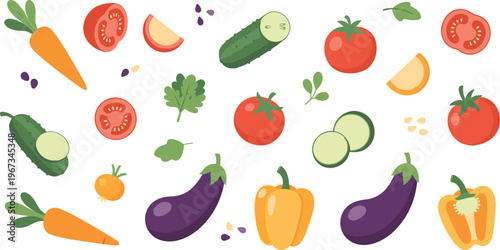 Fresh vegetables collection tomato cucumber carrot eggplant pepper healthy food ingredients colorful vector illustration set