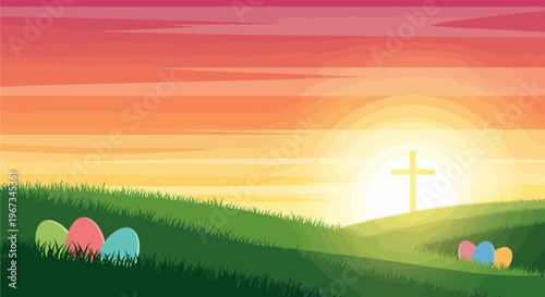 Vibrant Easter sunrise landscape with a golden cross on a hill and colorful eggs in the grass, symbolizing resurrection and new beginnings.