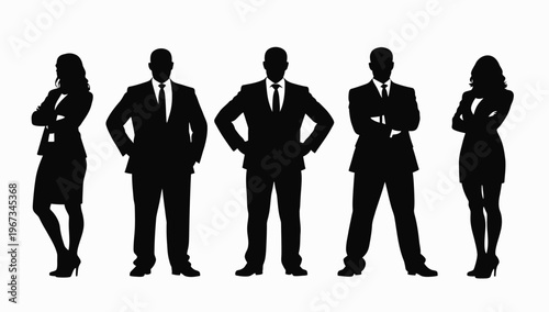Business people , silhouettes, group of standing business men and businesswomen	
