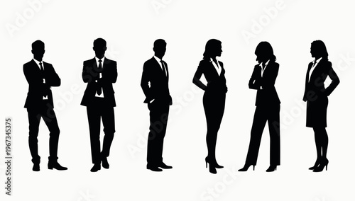 Business people , silhouettes, group of standing business men and businesswomen	
