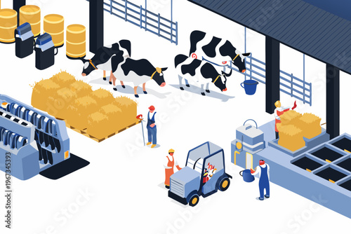 Isometric illustration of a modern dairy farm with cows and workers