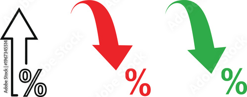 Vector icon set showing percentage increase and decrease arrows in green red and black for financial analysis interest rates and marketing discounts
