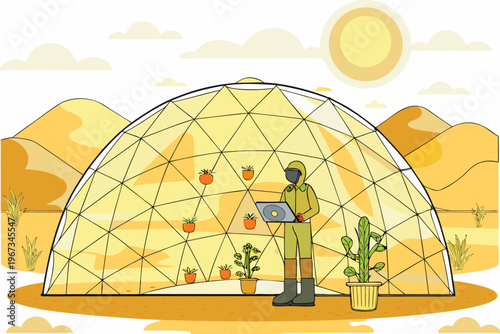 A person working inside a geodesic dome greenhouse in a desert landscape