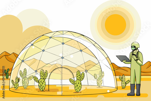 A futuristic geodesic dome greenhouse with a scientist in a desert landscape