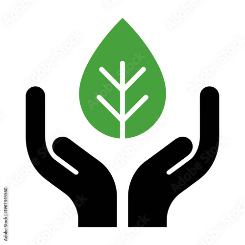 Vector of two black hands gently holding a green leaf symbolizing environmental protection