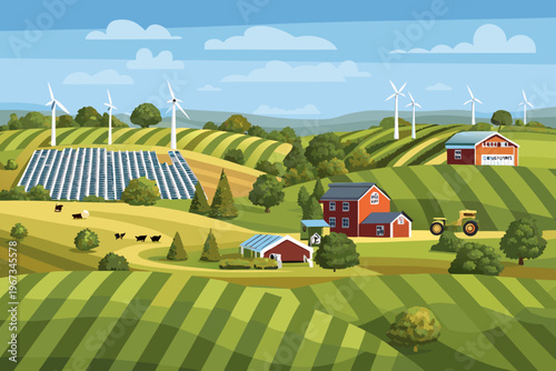 A vibrant landscape showcasing renewable energy sources and rural life