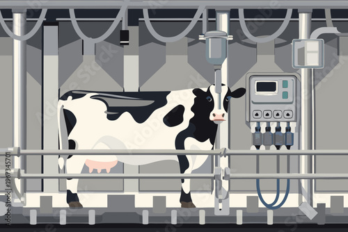 A black and white cow stands within a modern robotic milking parlor