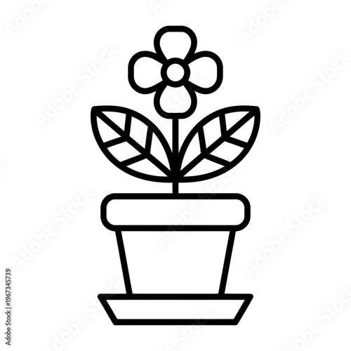 Minimalist vector of a potted flowering plant with a single blooming flower and broad leaves