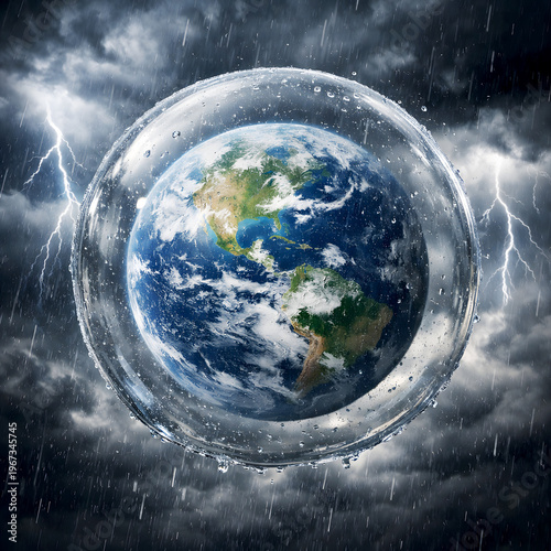 Climate Change Concept Earth Encased in Protective Sphere Surrounded by Storm