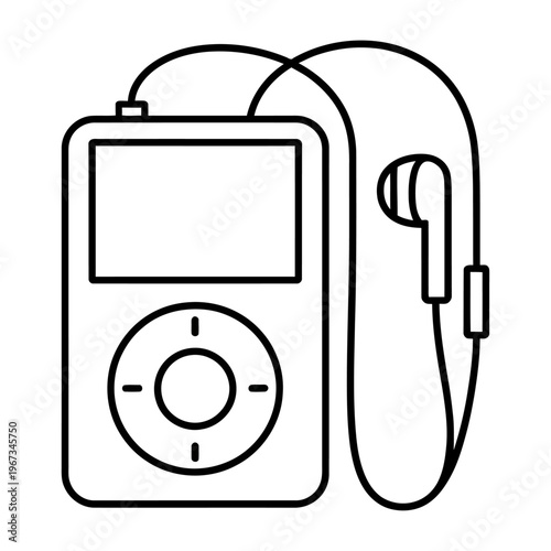 Vector of a portable music player with wired earphones attached