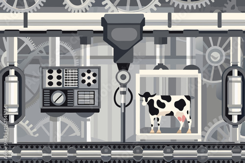 Automated dairy farm a cow inside a mechanical production line