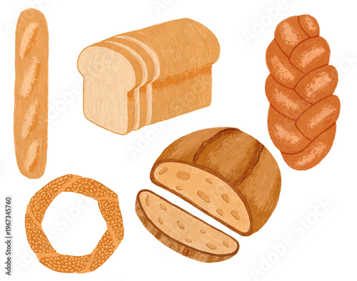 Assorted bread loaves and baked goods collection with sliced sourdough baguette brioche and rustic loaves hand drawn gouache texture.