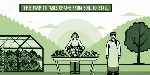 Illustration depicts the farm to table process showing farming and market scenes