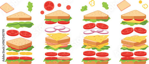 Sandwich making process collection step by step ingredients bread cheese tomato lettuce layering food vector illustration set