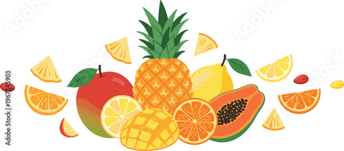Tropical fruits composition pineapple mango papaya orange lemon slices fresh summer food vector illustration