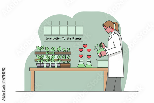Scientist tending to plants in a laboratory with a whimsical message