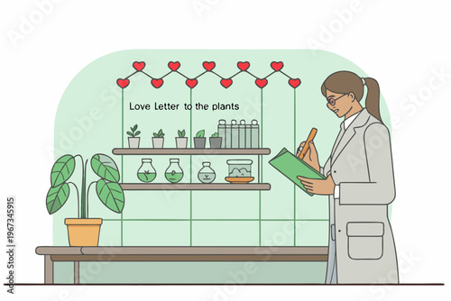 A botanist writes in a notebook amidst a lush indoor plant collection