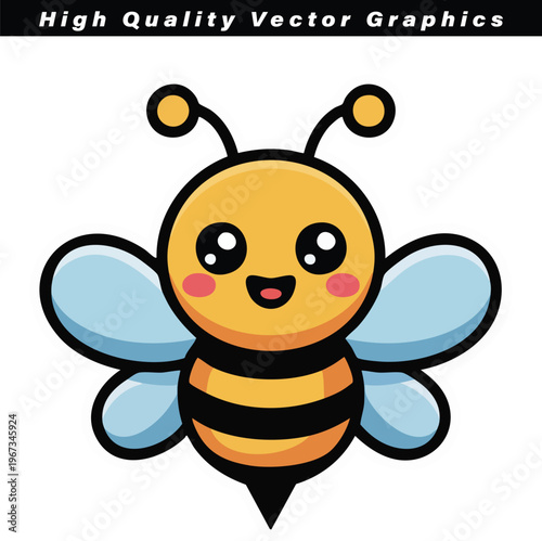 A happy cartoon bee with large eyes and blue wings hovers with a cheerful smile, isolated against a plain white background.