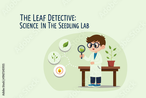 A young scientist investigates leaves and seedlings in a laboratory setting