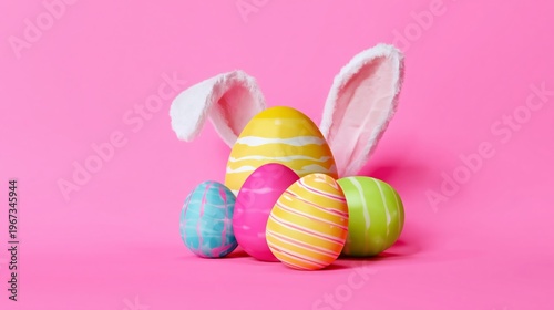 Colorful Eggs and Bunny Ears on Pink Background During Easter Celebration in ...