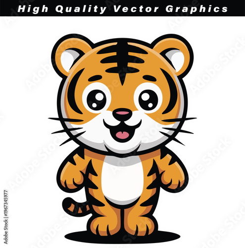 A cheerful tiger cub stands upright with a wide smile and large, expressive eyes, presented on a white backdrop.