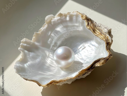 Luminous Pearl in Oyster Shell – Sunlit Minimal Still Life, Sunlit oyster shell holding a white pearl on a neutral background; elegant, high‑res still life for branding, packaging, and decor.