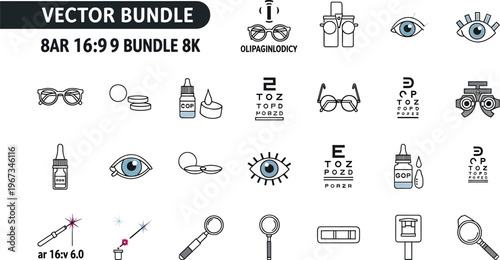 Ophthalmology tools and eye care items are shown.